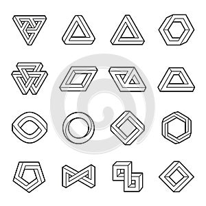 Set of impossible shapes. Web design elements. Optical Illusion. Line design photo