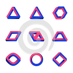 Set of impossible shapes. Web design elements. Optical Illusion. Line design