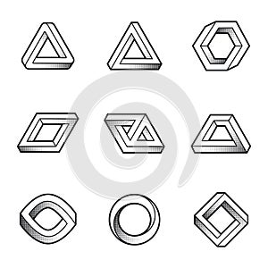 Set of impossible shapes. Web design elements. Optical Illusion. Line design