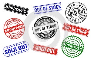 Set of imprints of rubber stamps with marketing and trading words Approved, Sold out, Out of stock of red, black, blue, green