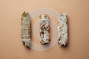 Set of incense for fumigation of premises. Branches of white sage with cedar tied in a bunch.