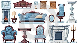 The set includes luxury old living room furniture, a marble stone fireplace, leather couches, armchairs, coffee tables