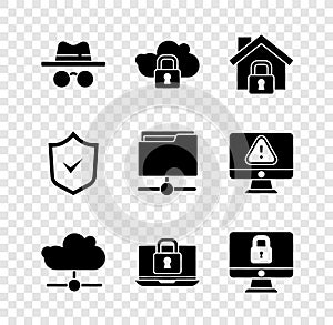 Set Incognito mode, Cloud computing lock, House under protection, Network cloud connection, Laptop and, Lock computer