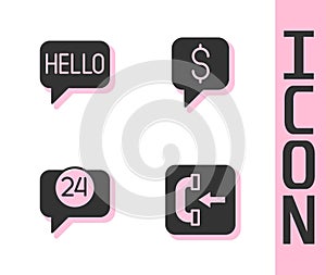 Set Incoming call phone, Hello different languages, Telephone 24 hours support and Paid icon. Vector