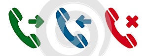 Set incoming, outgoing, missed call phone icon. Answer and decline phone call buttons