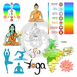 Set india meditation, yoga shiva. vector illustration