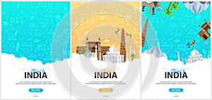 Set of India travel banners. Indian Hand drawn doodles on background. Vector illustration.