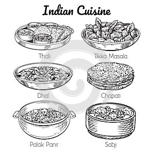 Set of indian meals. thali, sabji, chapati, dhal, tikka masala. Hand drawn line art. Vector illustration. Isolated on white.