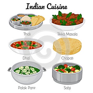 Set of indian meals. thali, sabji, palak panir, chapati, dhal, tikka masala. photo