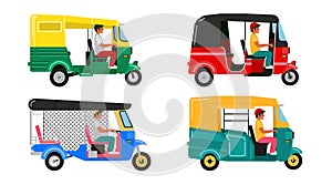 Set Indian motor rickshaw car. Asian tuk tuk. Vector illustration