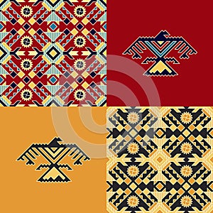 Set with indian patterns and backgrounds with eagles