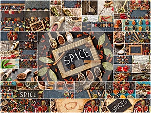 Set of Indian spices, collage of condiments