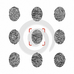 Set of individual fingerprints for personal identification. Vector illustrations