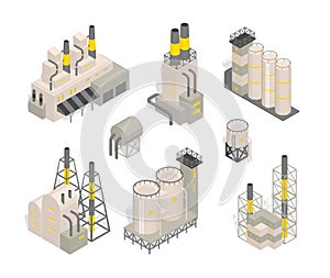 Set industrial factories plant building Isometry vector illustration. Industrial production factory.