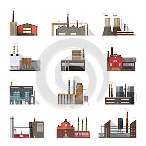 Set of industrial factory and plant buildings. Collection manufacturers with smoking chimneys. Vector colorful