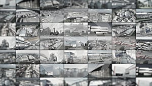 Set of industrial frames. Large modern factory aerial view. Video of modern factories, collage