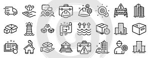Set of Industrial icons, such as Truck delivery, Hold box, Lighthouse. Vector