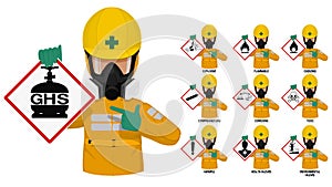 Set of industrial man in yellow chemical protective suit presents the GHS pictogram