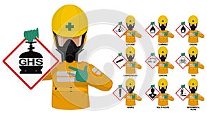 Set of industrial man in yellow chemical protective suit presents the GHS pictogram photo