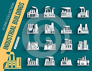 Set of industrial manufactory buildings icons set
