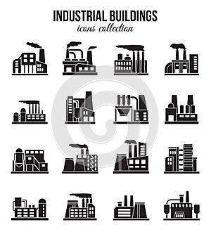 Set of industrial manufactory buildings icons set