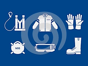 set of industrial PPE icon on blue background