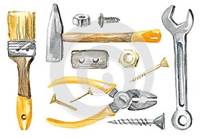 A set of industrial tools: pliers and a hammer with yellow handles, a gray wrench, screws and nuts, a paint brush.