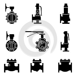 Set of industrial valve icon. Safety, butterfly and check valves. Silhouette vector
