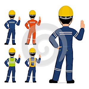 Set of industrial worker gesturing swear on white background