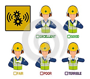 Set of industrial worker with hearing protection equipment mask is presenting satisfaction level