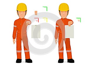 Set of industrial worker is presenting a piece of paper