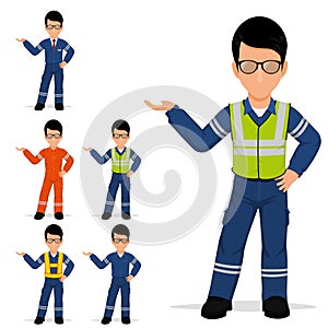 Set of industrial worker is presenting something