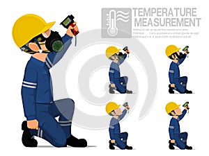 Set of industrial worker using pyrometer for measuring temperature