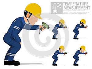 Set of industrial worker using pyrometer for measuring temperature
