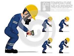 Set of industrial worker using pyrometer for measuring temperature