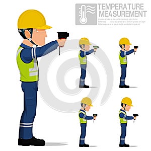 Set of industrial worker using pyrometer for measuring temperature