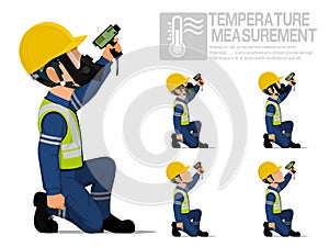 Set of industrial worker using pyrometer for measuring temperature