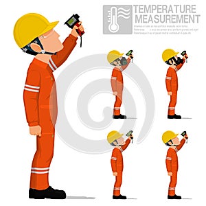 Set of industrial worker using pyrometer for measuring temperature