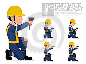 Set of industrial worker using pyrometer for measuring temperature