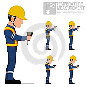Set of industrial worker using pyrometer for measuring temperature