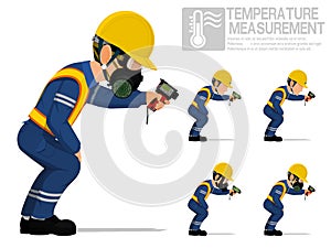 Set of industrial worker using pyrometer for measuring temperature