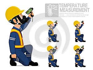 Set of industrial worker using pyrometer for measuring temperature