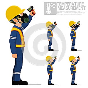 Set of industrial worker using pyrometer for measuring temperature