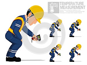 Set of industrial worker using pyrometer for measuring temperature