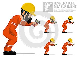 Set of industrial worker using pyrometer for measuring temperature