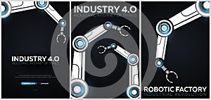 Set of Industry 4.0 banners with robotic arm. Smart industrial revolution, automation, robot assistants. Vector illustration.