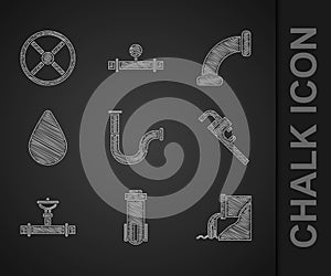 Set Industry metallic pipe, Water filter, Wastewater, Pipe adjustable wrench, and valve, drop, and icon. Vector
