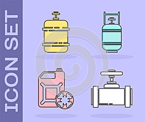 Set Industry metallic pipes and valve, Propane gas tank, Antifreeze canister and Propane gas tank icon. Vector