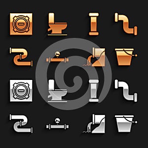 Set Industry pipe and manometer, metallic, Bucket, Wastewater, Manhole sewer cover and Toilet bowl icon. Vector