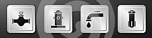 Set Industry pipe and valve, Fire hydrant, Water tap and Water filter icon. Silver square button. Vector